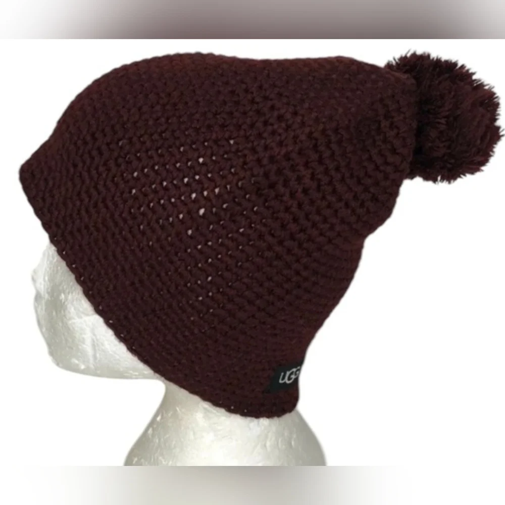 UGG Chuncky Women's Waffle Knit Pom Pom Slouchy Maroon Beanie, New - Picture 4 of 7